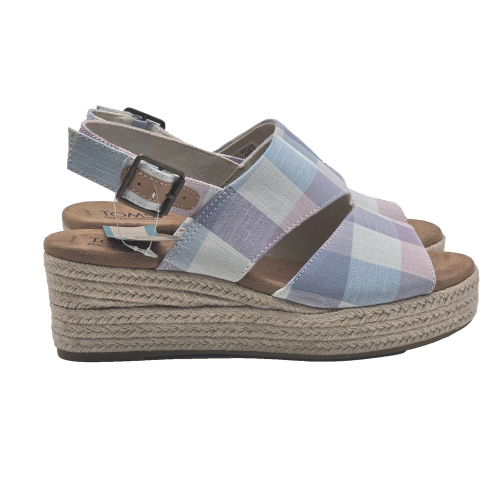 TOMS Claudine Womens 6.5 Blue Picnic Plaid Espadrille Wedge Sandals 10021009